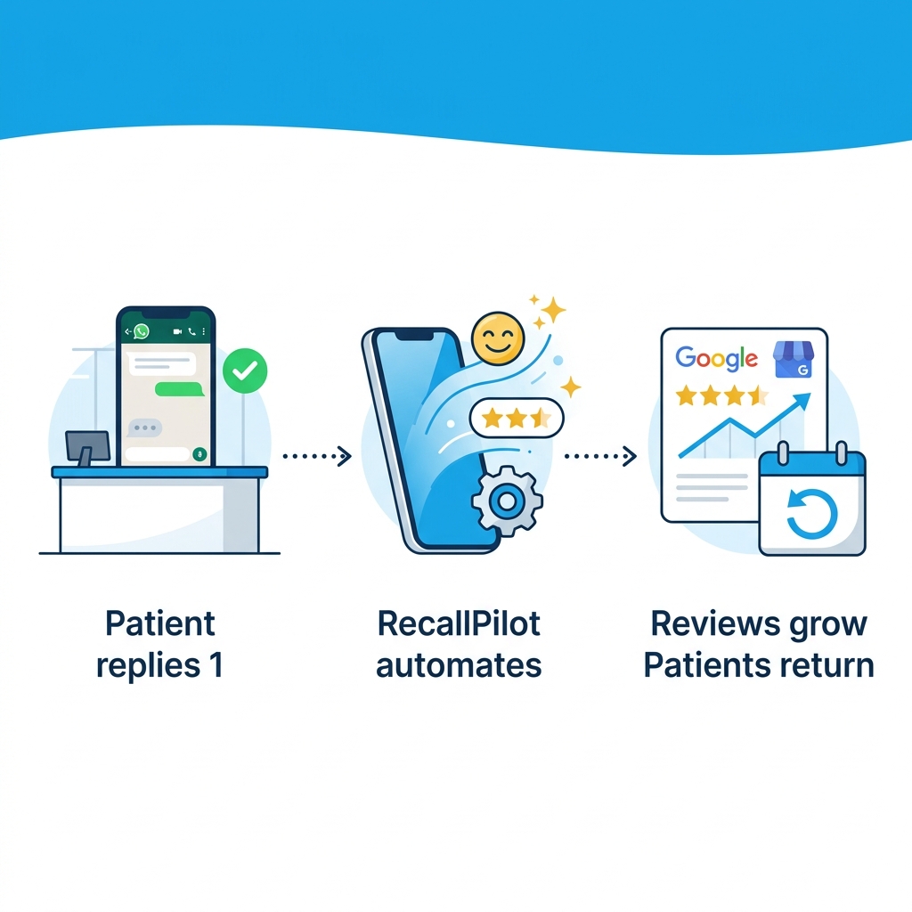 How RecallPilot works — 3 steps: Patient replies 1, RecallPilot automates, Reviews grow and patients return